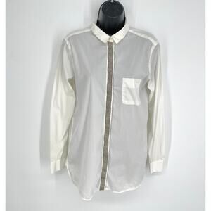 0039 Italy Long Sleeve Silver Glitter Button Front Top Blouse Womens Sz S White